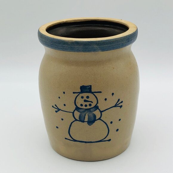 Vintage BBP Crock with Snowman 5.5" Tall Country Farmhouse Blue - Picture 2 of 8